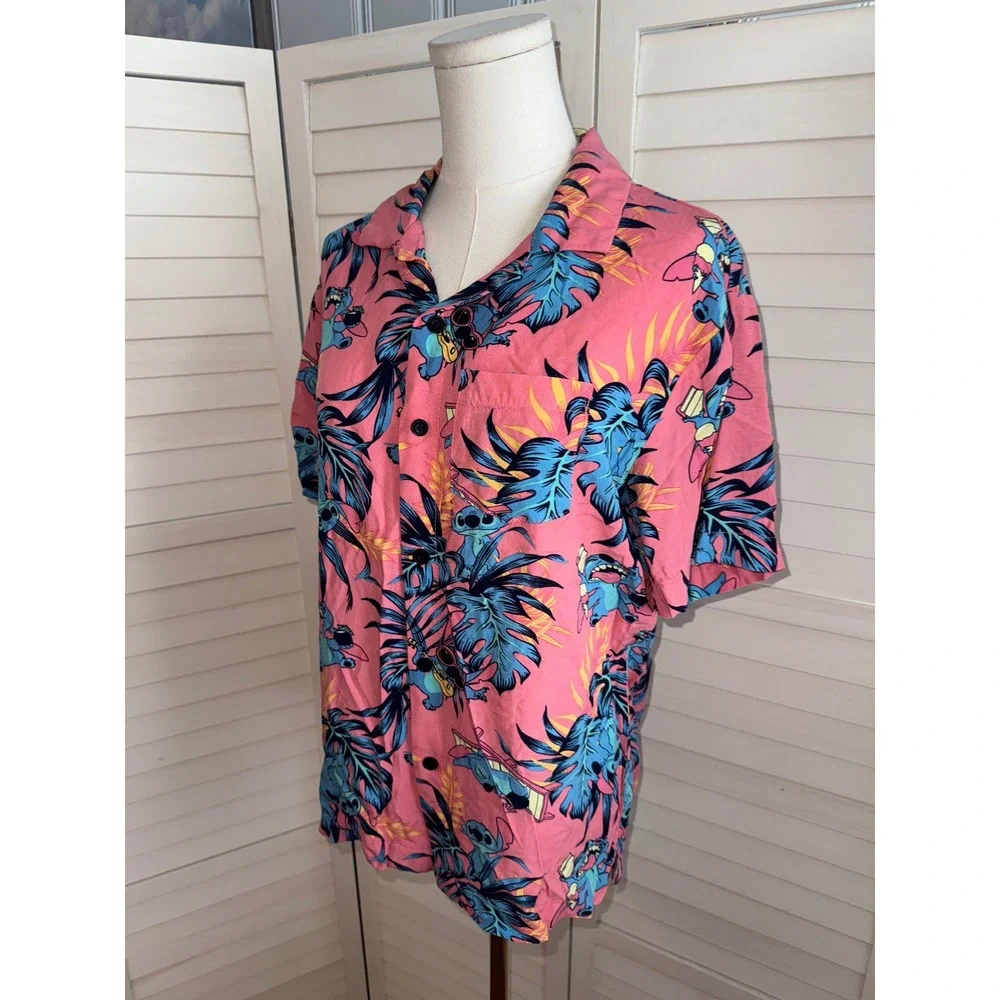 Disney Stitch Hawaiian Shirt Mens Pink Aloha Tropical Button Up Size Small - Picture 4 of 7